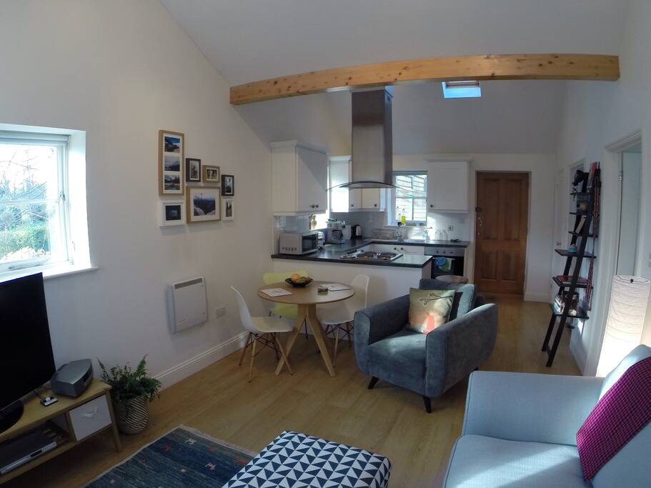 Sitting room with sofa bed, and kitchen area with bedroom and bathroom off to the right.