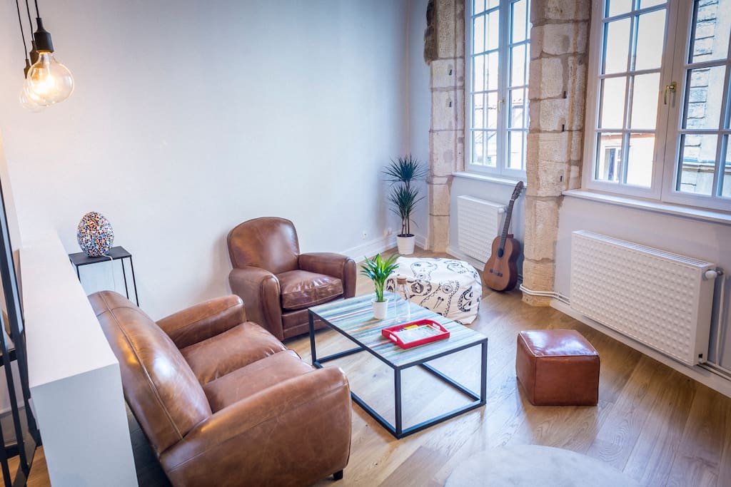 Living room, full of light, view on Vieux Lyon rooftops