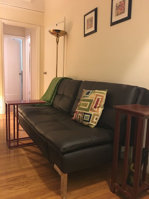 Comfy couch for watching TV or hanging out. It folds out into a queen size futon.