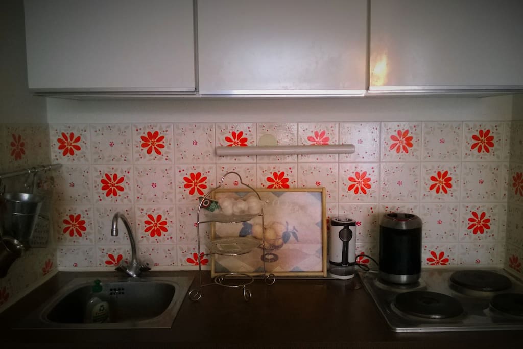 a kitchenette with an oven, hot plates and water boiler
