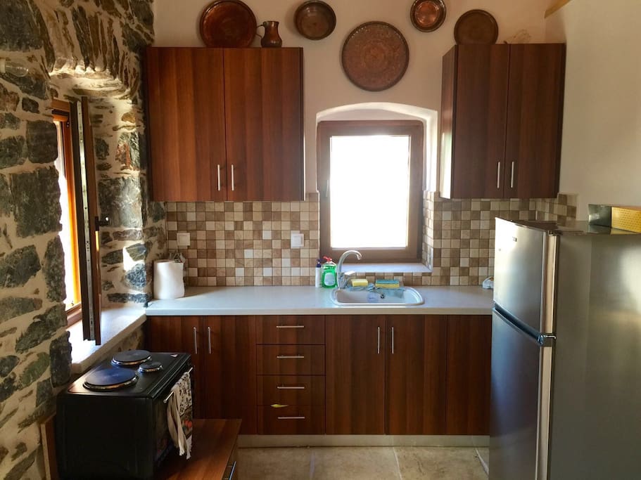 The kitchen with fridge and small oven