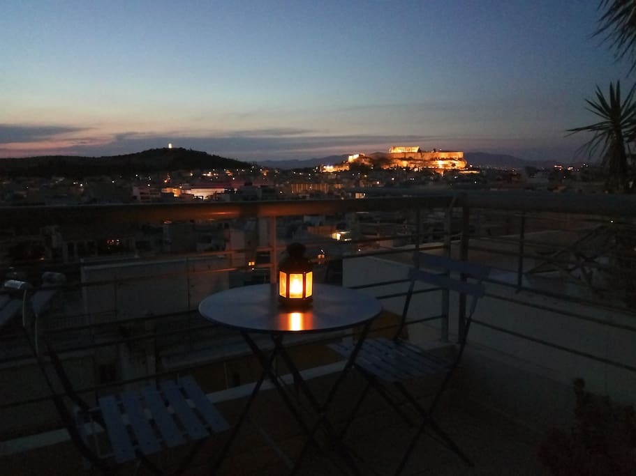 Romantic panoramic view from the 8th floor master bedroom balcony to Acropolis and all Athens!