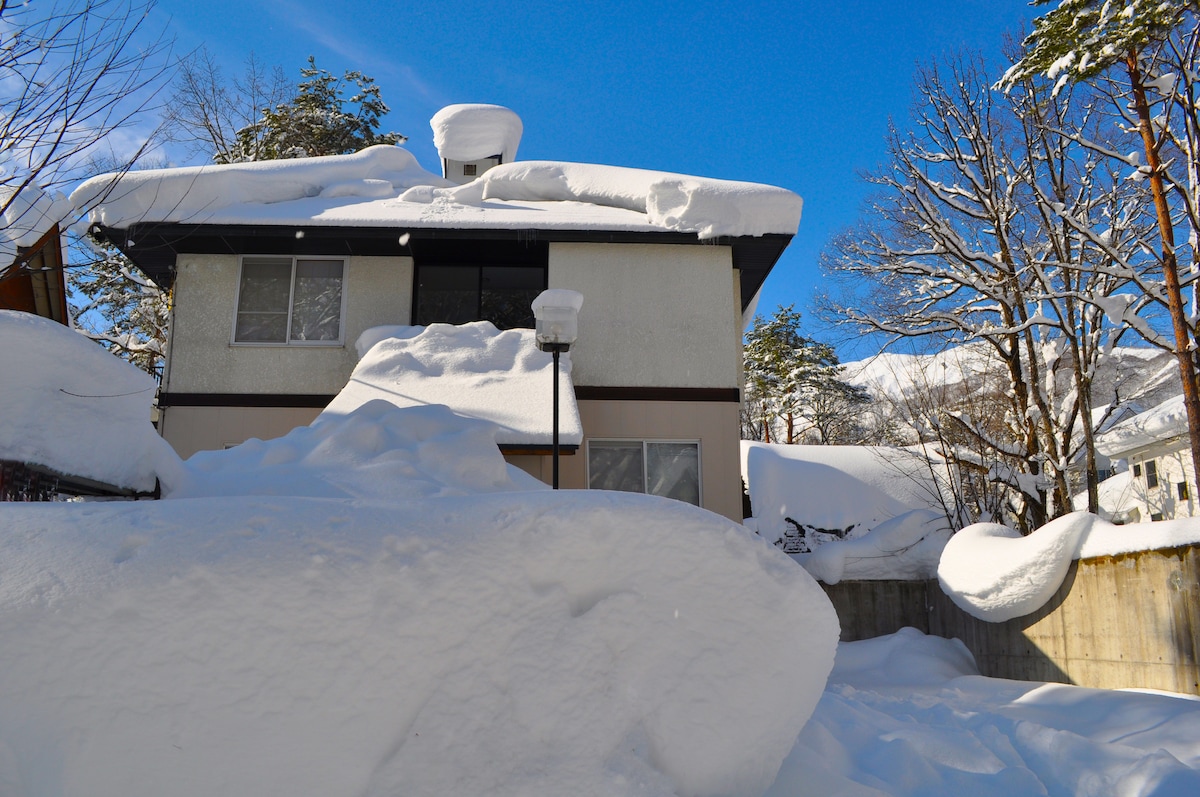 A cozy chalet is partially covered in a thick layer of snow, with snow-draped roofs and trees surrounding it. A street lamp stands near the building, casting light on the snow-covered ground. Clear blue skies create a serene backdrop.