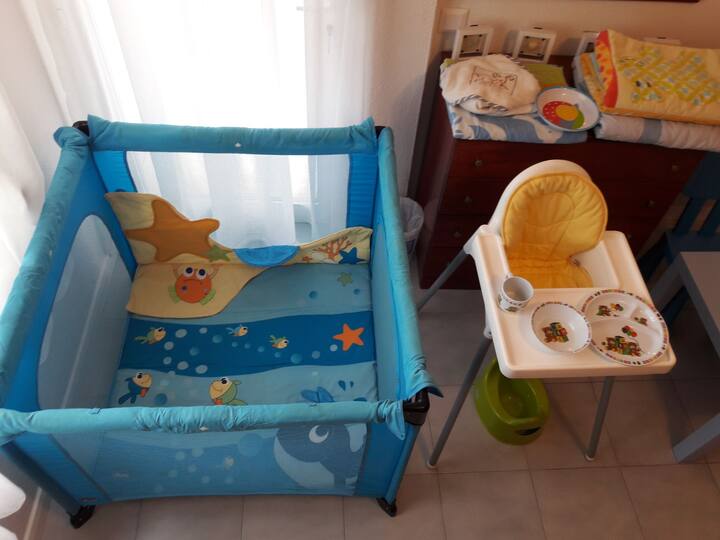Infant & Baby! Baby Park/ Bed  Chicco  , blankets, towels, night pot, Baby High Chair with plastic dinning set