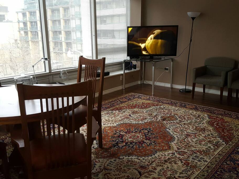 Large TV screen. Over 100 channels.