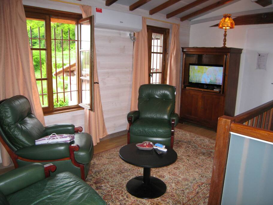Le salon, avec vue sur la plage aménagée sur la rivière.