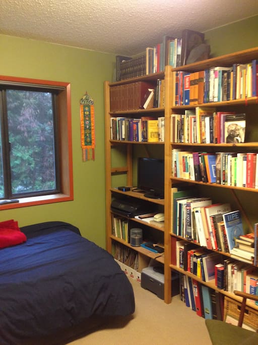 Bed and bookshelf.