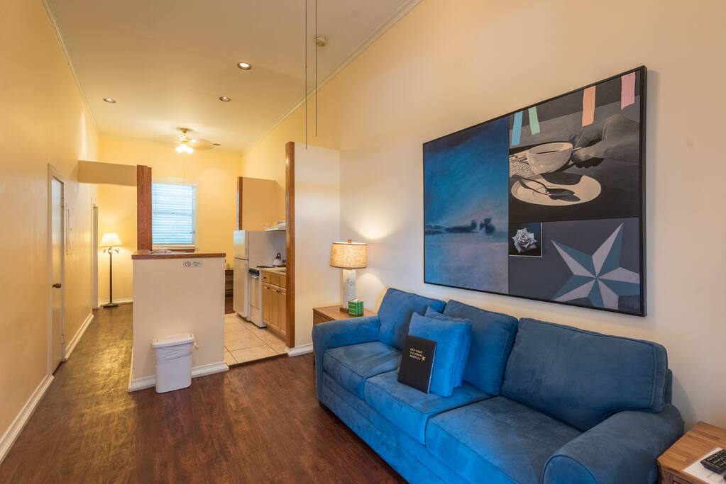 Living room includes queen sized sleeper sofa