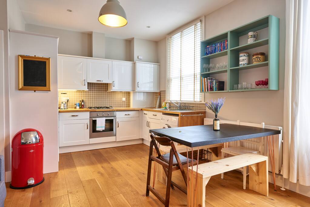 The open-plan kitchen and dining area.