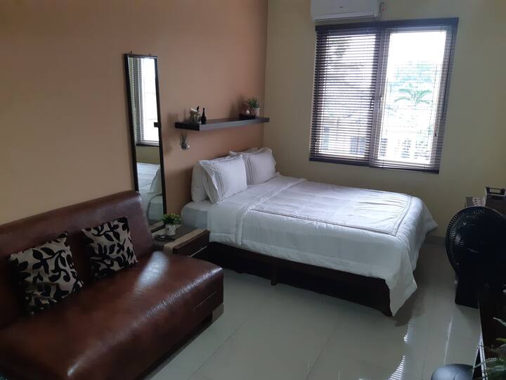 This private bedroom is equipped with sofa, AC and TV