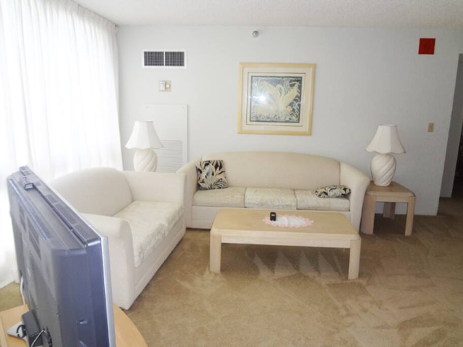 Living room with fold out couch.