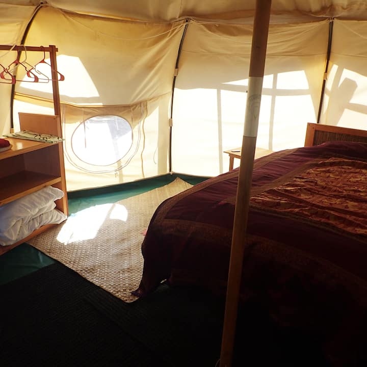Inside the lotus, Queen size bed and cabinet. Morning sun shining in.