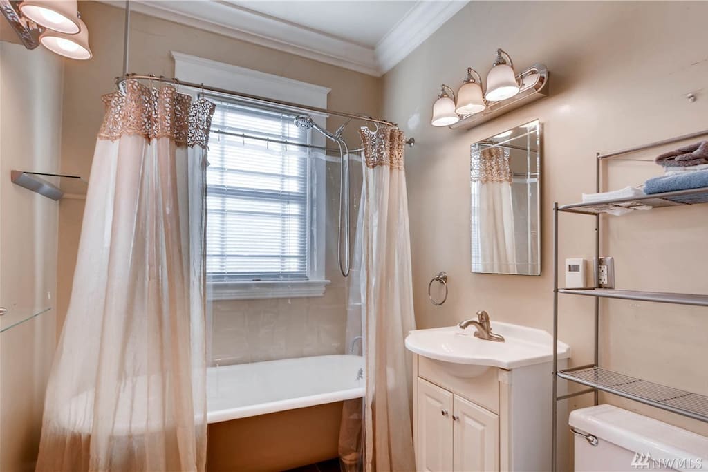 Shared bathroom on first floor with heated floors