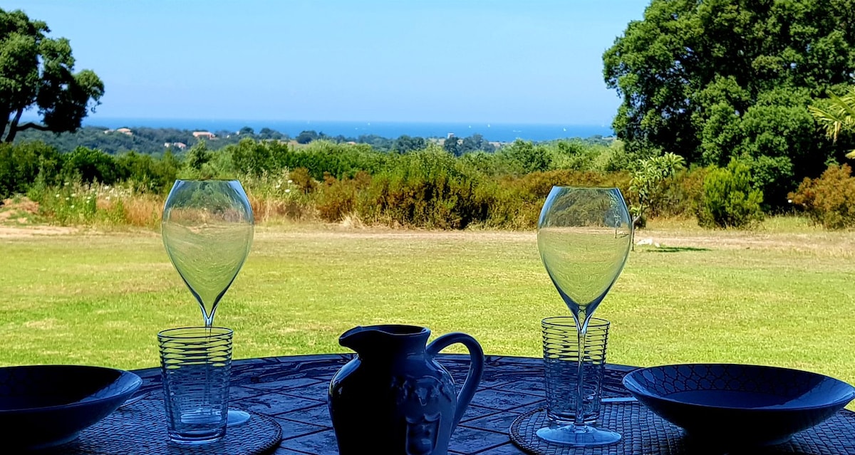 A table is set with two wine glasses, plates, and a jug, presenting a framed view of the lush green landscape and the distant sea. The horizon is clear, showcasing various shades of blue in the water against a backdrop of greenery.