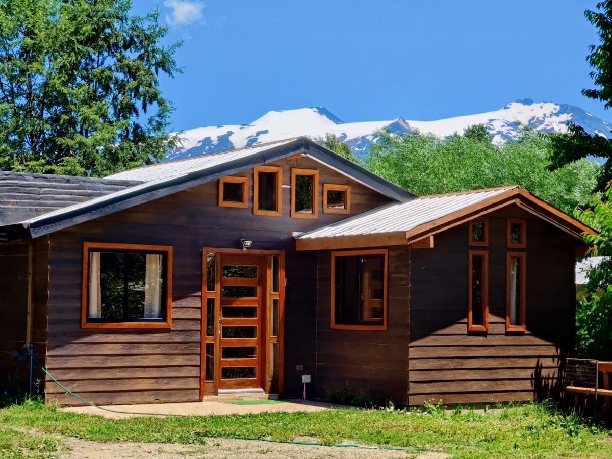 A handcrafted wooden cabin is depicted, featuring a combination of large windows and a welcoming front door. The structure is set against a backdrop of snow-capped mountains and green foliage, enhancing the natural surroundings.