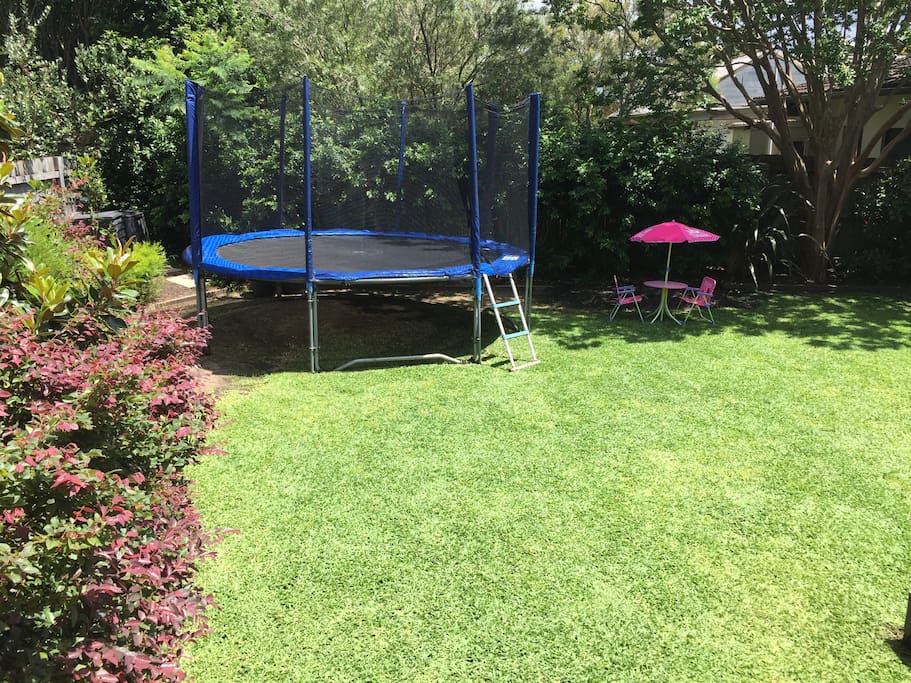 Large trampoline in backyard.