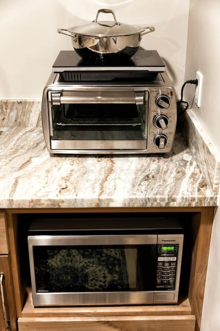 Microwave, toaster oven, and hot plate