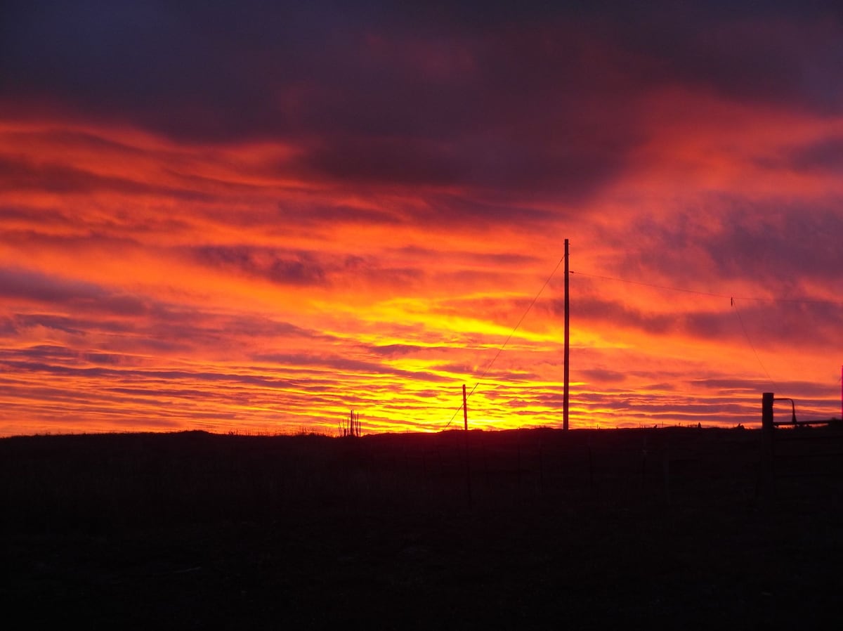 A vibrant sunset casts shades of orange, pink, and purple across the sky, contrasting with the dark landscape below. Silhouetted power lines and poles rise against the colorful horizon, creating a striking scene of nature's beauty.