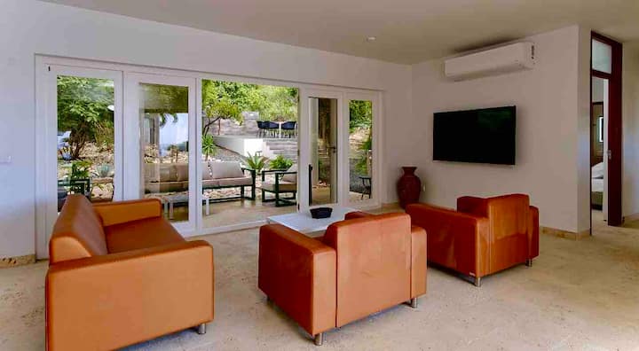 Amplia sala de estar con puertas francesas dobles en la parte delantera con vistas al mar Caribe, hermosos jardines tropicales de palmeras en la parte posterior, nuevo televisor inteligente Samsung de 85 pulgadas, Internet de fibra óptica 4G rápido 
Netflix , YouTube y más,