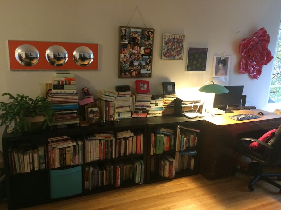 Living room with many books in English and French