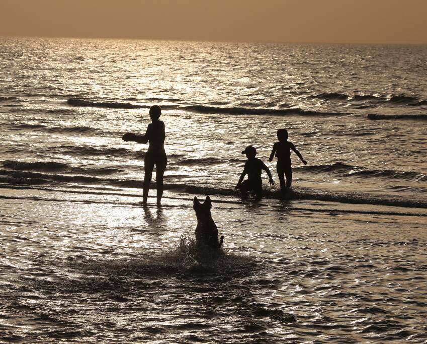 Familia jugando en el mar en un bello atardecer