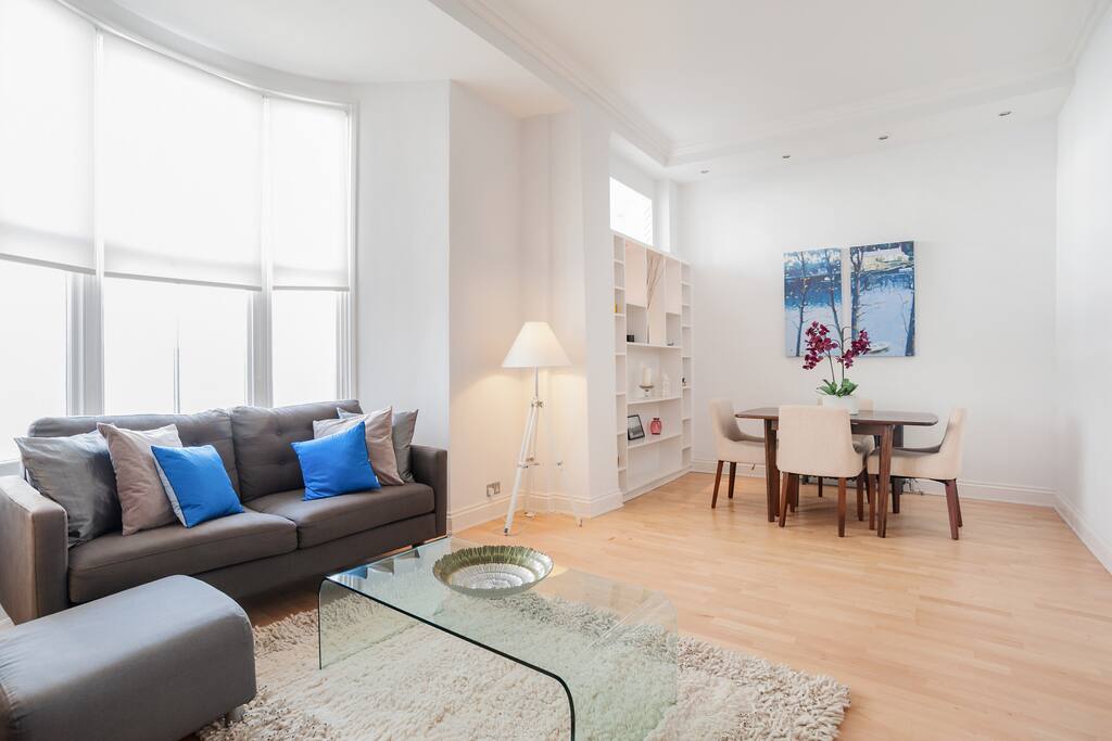 The living room is bright and airy...