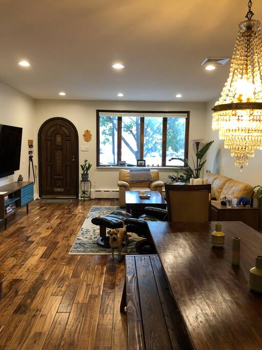View of dining/living room and front door