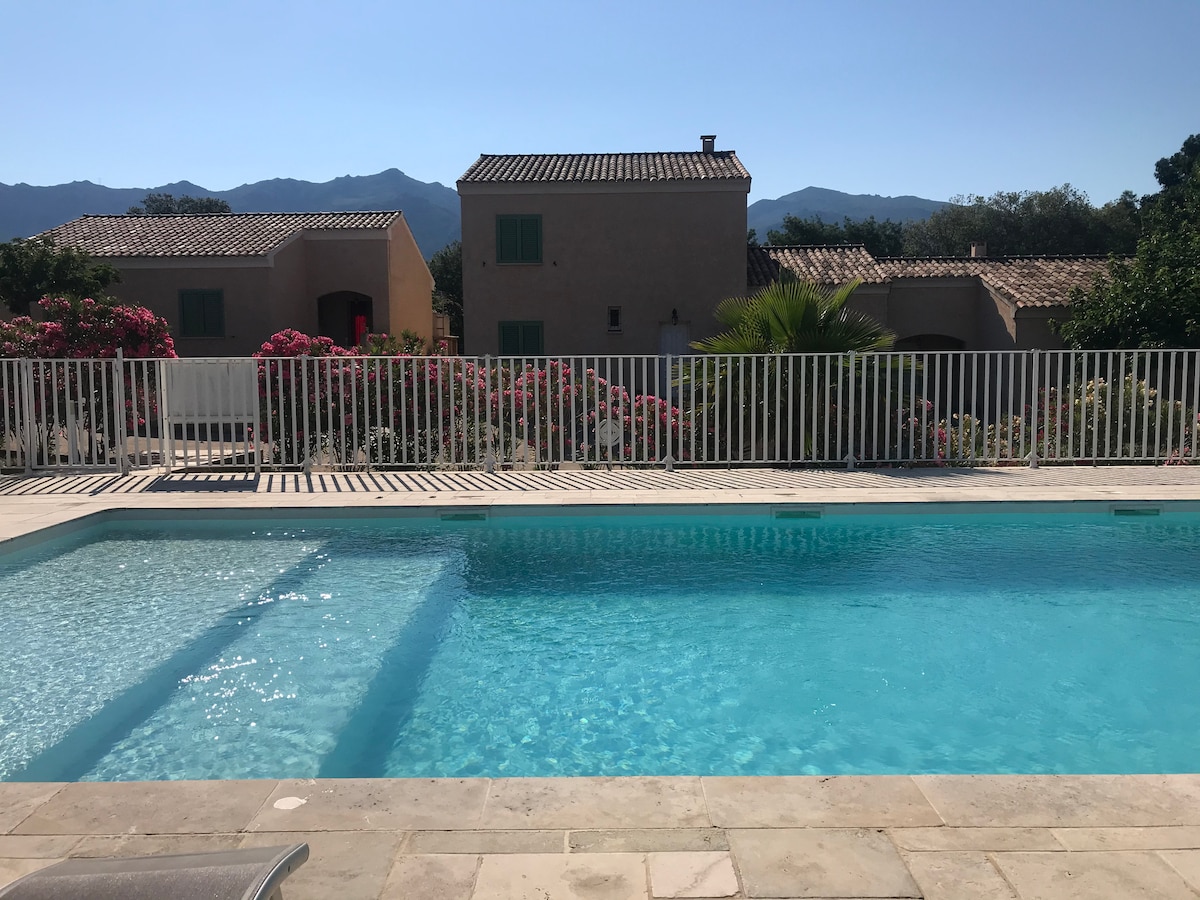 A serene outdoor area features a clear swimming pool bordered by a white fence. Lush greenery and vibrant flowers add color to the landscape, with distant mountains visible under a bright blue sky. The elegantly designed houses are situated nearby.