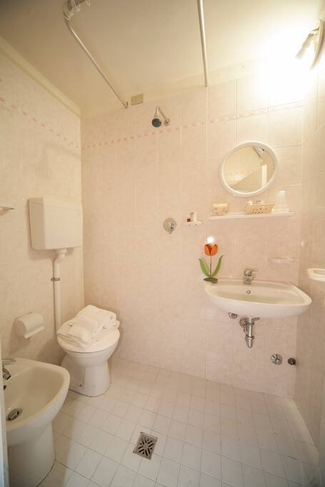 Bagno privato con doccia a pavimento e finestra