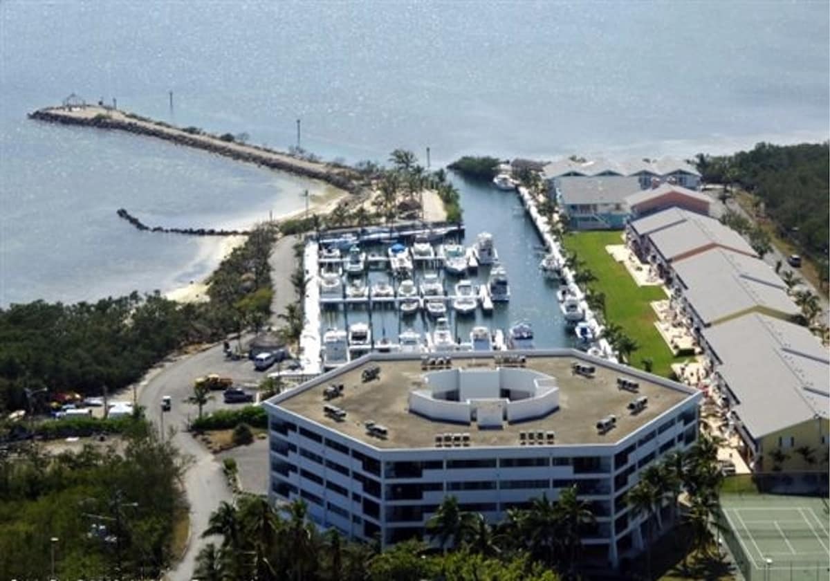 An aerial view captures the marina filled with boats and yachts, surrounded by lush greenery and roads leading to residential structures. The coastline and pier extend into the water, providing access to the Atlantic Ocean, enhancing the scenic waterfront location.