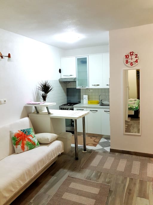 Living room with kitchen and couch
