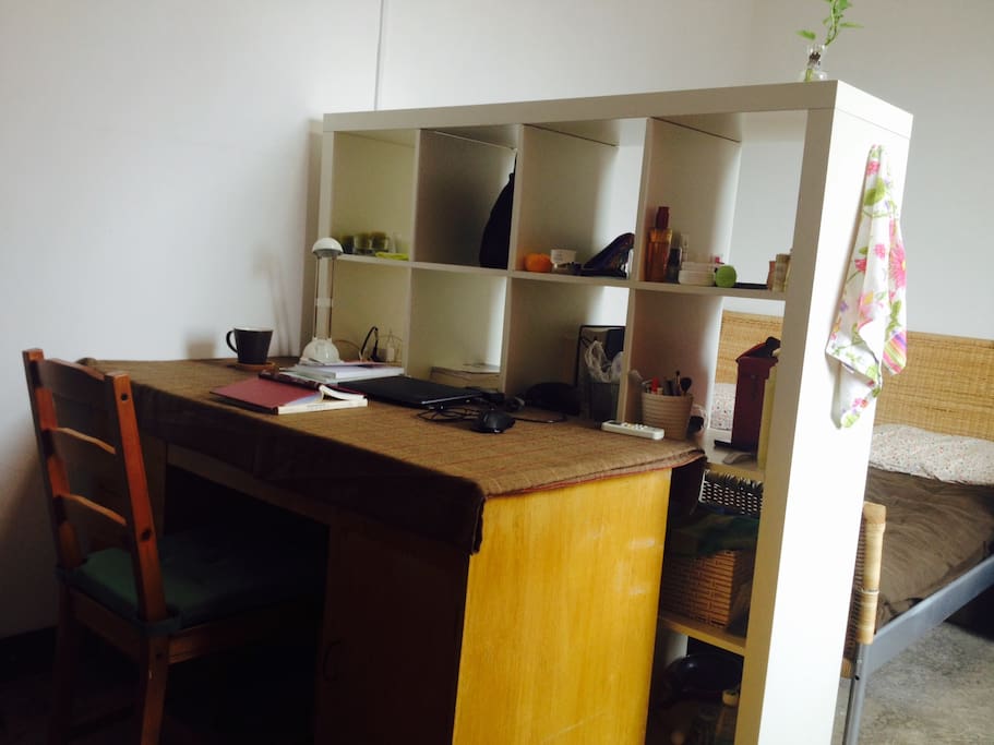 Table, shelf and double-bed