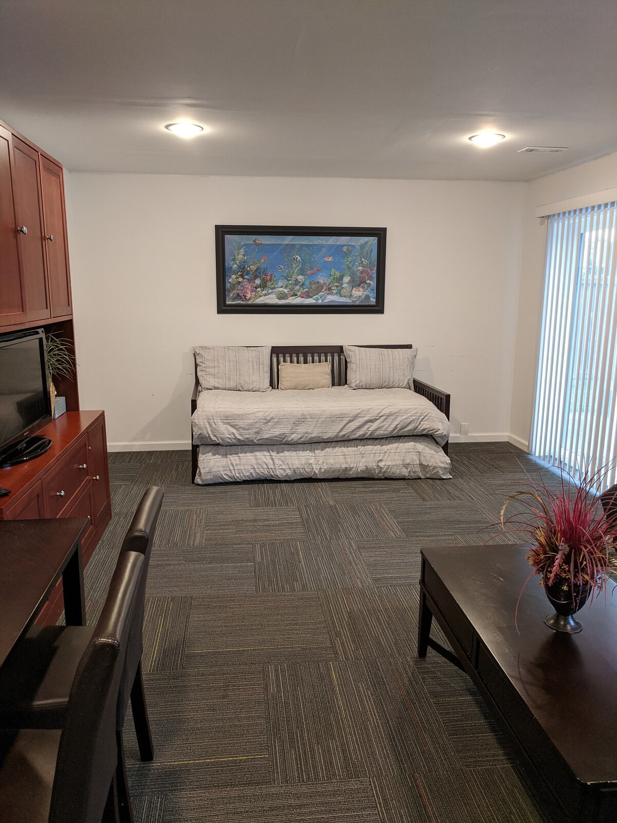 这间额外的客厅设有抽拉式沙发床，配有2张单人床垫