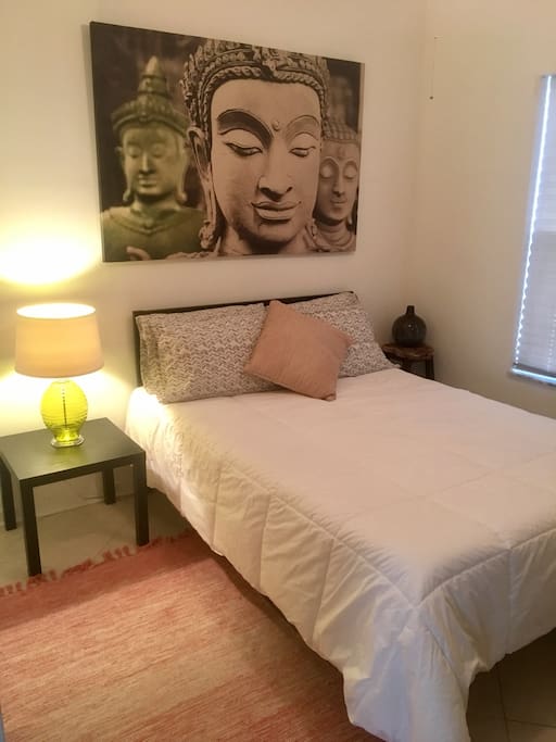Full sized bed with a memory foam mattress. We get big complements on these super comfy beds!
