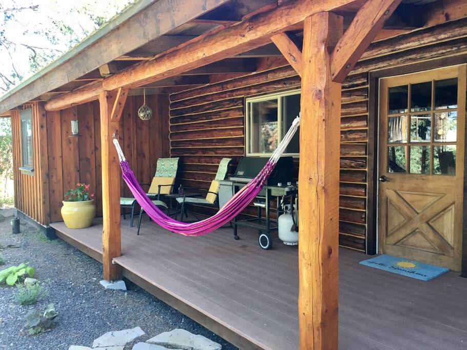 Back deck with hammock and BBQ.