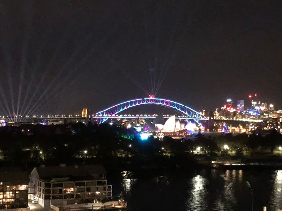 Photo taken from our rooftop terrace on 27/5/18. A perfect view of the Vivid Light Show in Sydney which is on from 26th May til 16th June 2018!