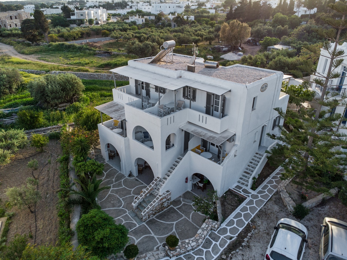 The villa's exterior showcases traditional Paros architecture, featuring whitewashed walls and arched openings. Spacious terraces overlook the surrounding lush greenery. A stone pathway leads to the entrance, while parked cars are visible at the forefront, contributing to the property’s accessibility and welcoming appeal.