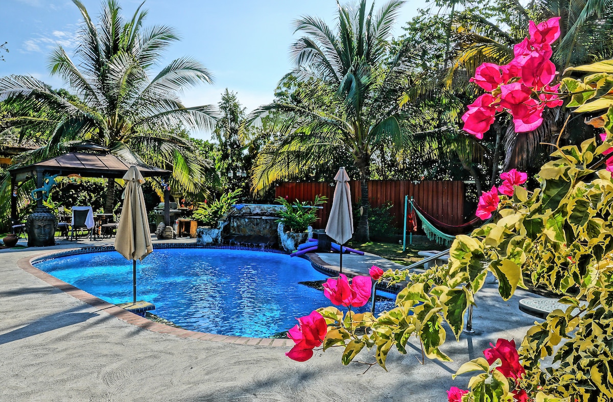 A private pool area is framed by lush palm trees and vibrant pink bougainvillea. Two umbrellas provide shade, while a hammock can be seen in the background. The inviting blue water reflects sunlight, offering a serene atmosphere for relaxation.