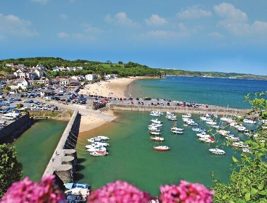 A scenic coastal view displays a marina with numerous boats docked in vibrant waters. The beach stretches along the shore, bordered by a parking area and lush greenery. Soft waves can be seen lapping against the breakwater in the distance, creating a tranquil atmosphere.
