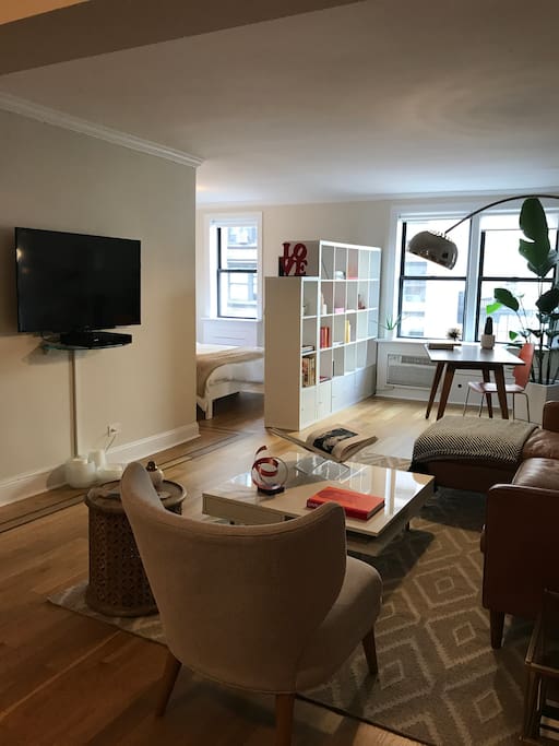 Look into the living room and the desk