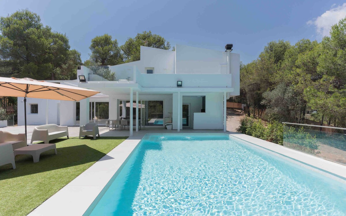 The exterior of a modern chalet is showcased, featuring a clear swimming pool surrounded by grassy areas. An umbrella provides shade over lounge chairs. The design emphasizes smooth lines and large glass windows, integrating the interior with the natural surroundings.