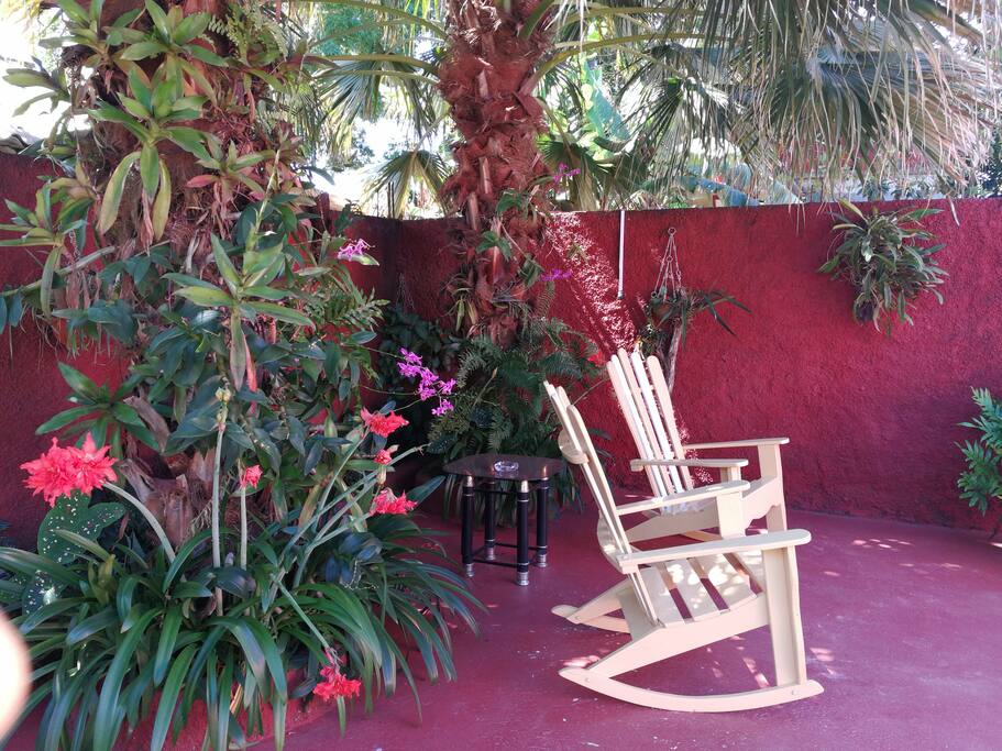 Pequeño jardín detrás de la cabaña de huéspedes