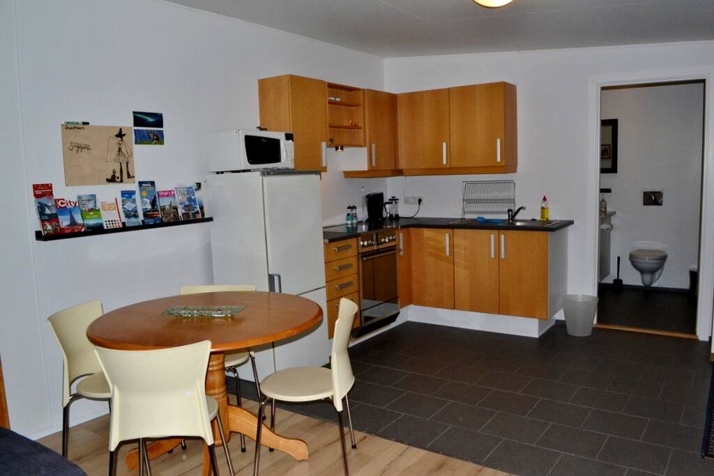 The kitchen with cooker, fridge, freezer and a microwave.