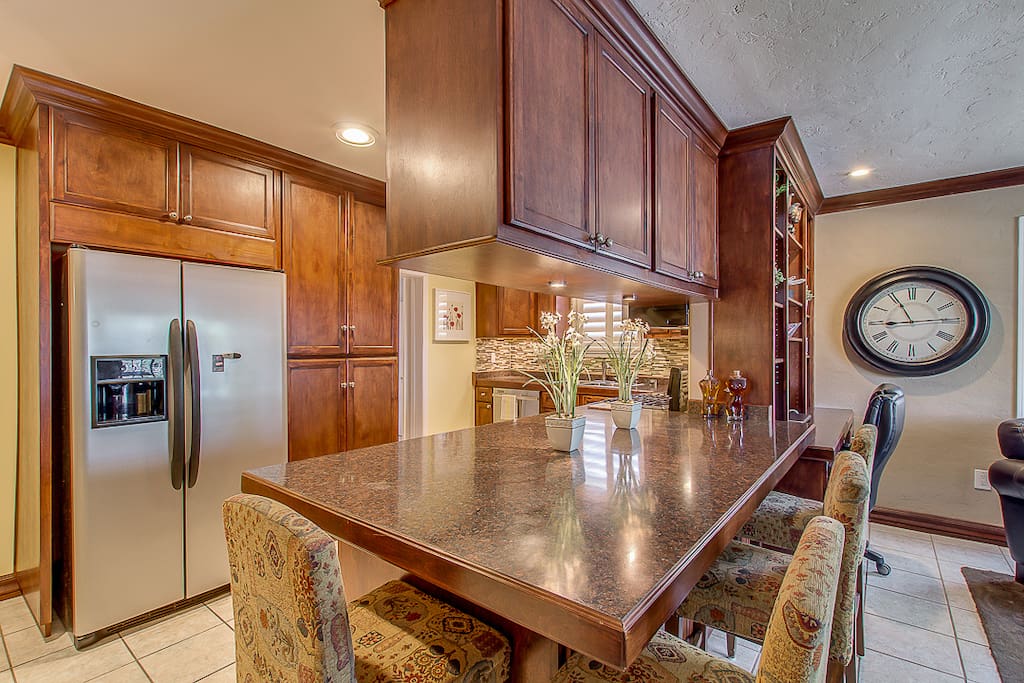 Newly remodeled kitchen including refrigerator space for guests