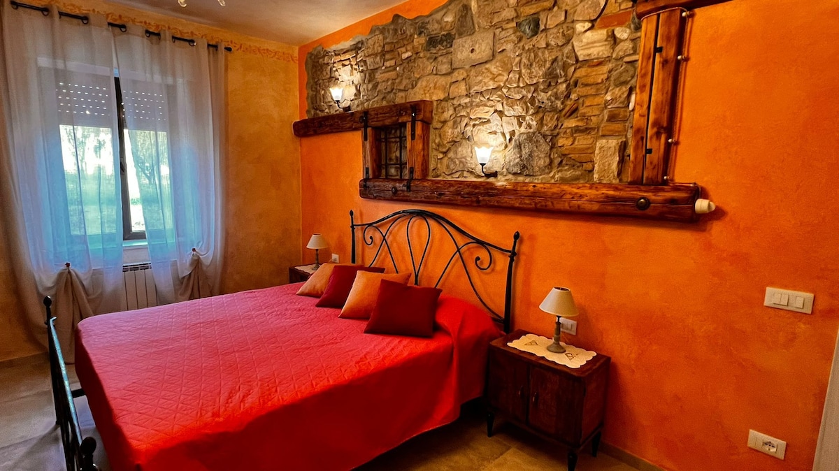 A spacious bedroom features a vibrant orange wall and a decorative stone accent wall. A large bed with a red coverlet is flanked by two wooden nightstands with lamps. Natural light filters through the window, adorned with sheer curtains, offering views of the surrounding greenery.