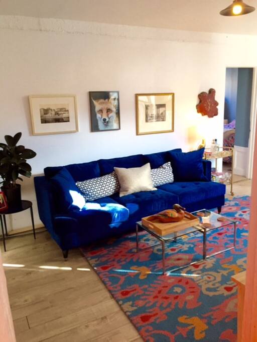Super comfy and extra-wide couch. Cushions can be removed to be used as a bed.