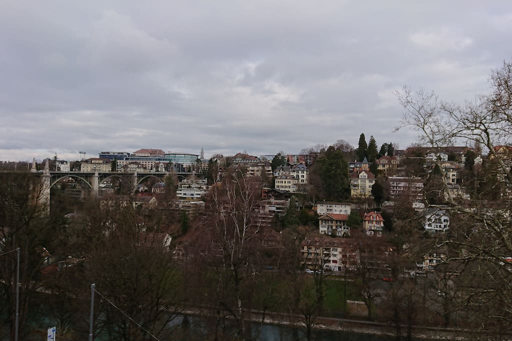 View from the living room - Kornhausbrücke, the "Aare" river and a quarter called "Altenberg"