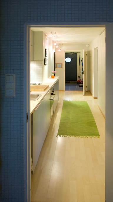 View from bathroom to entrance and entrance door.