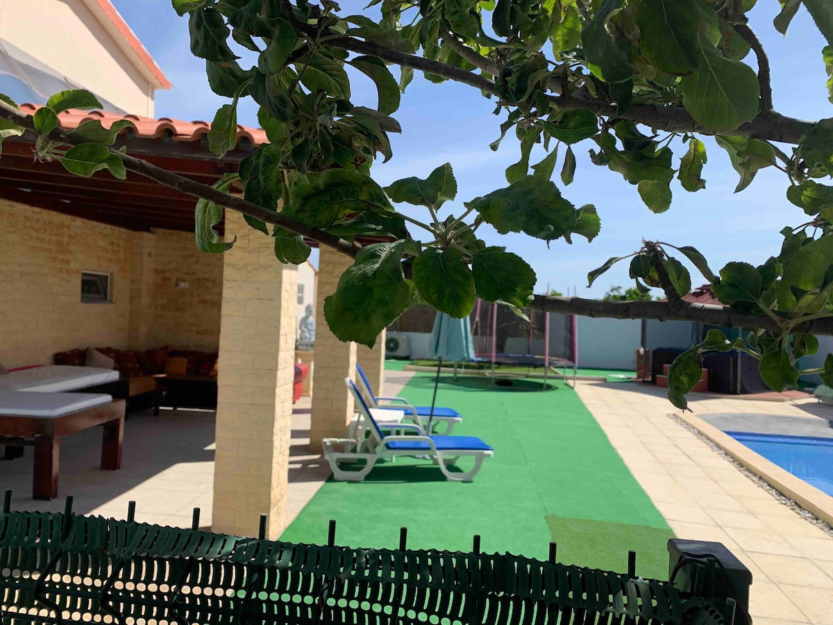 A spacious outdoor area is shown featuring lounge chairs beside a pool and a lush green lawn. A shaded seating space is visible under a wooden structure, offering comfort. A trampoline stands nearby, and plants frame the scene, enhancing the inviting atmosphere.
