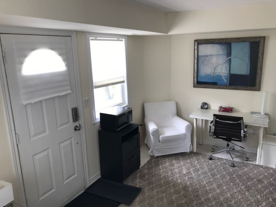 EXCLUSIVE MAIN FLOOR ACCOMMODATIONS: Very private with amenities such as wi fi, microwave, work desk, and lounge chair.